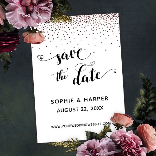 Rose Gold Confetti and Calligraphy with Hearts Save The Date