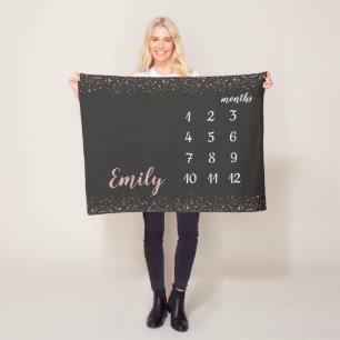 Rose Gold Confetti Baby Girl Monthly Milestone Fleece Blanket