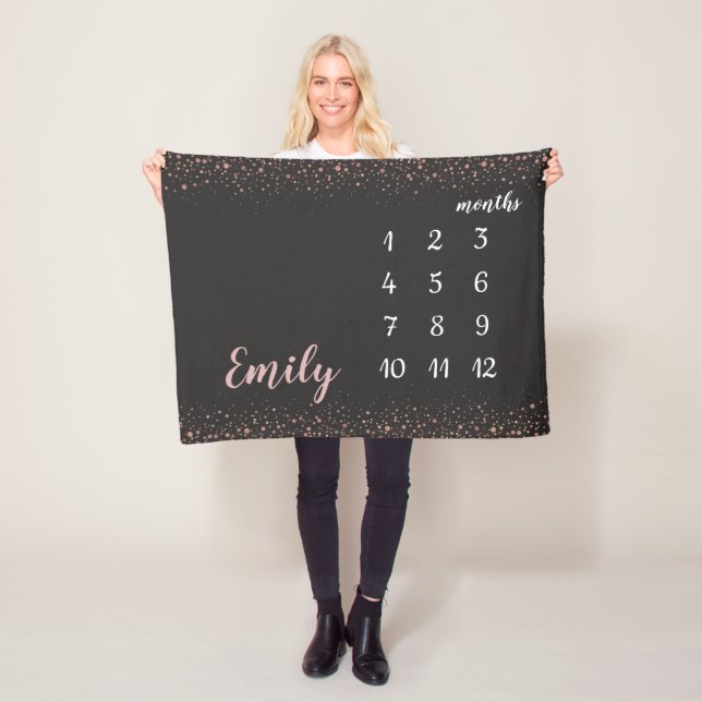 Rose Gold Confetti Baby Girl Monthly Milestone Fleece Blanket (In Situ)