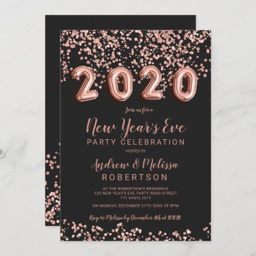 Rose gold confetti balloons New Years eve 2020 Invitation