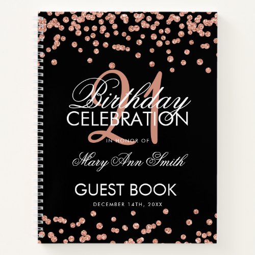 Rose Gold Confetti Black 21st Birthday Guestbook Notebook