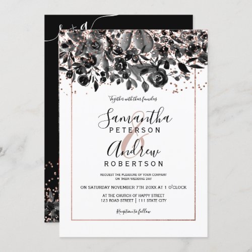 Rose gold confetti black floral photo wedding invitation