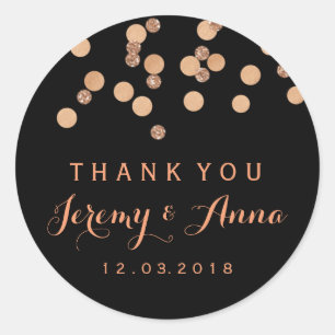 Rose Gold Confetti Black Thank you  sticker