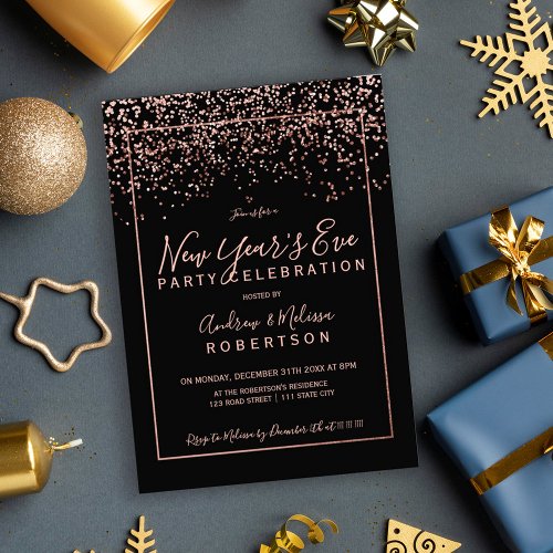 Rose gold confetti black typography New Year Invitation