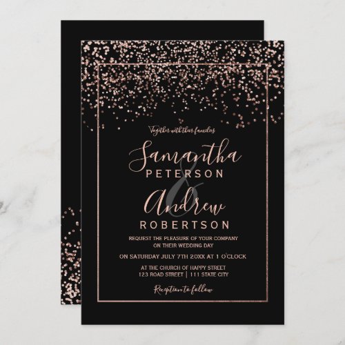 Rose gold confetti black typography wedding invitation