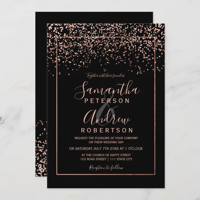 Rose gold confetti black typography wedding invitation | Zazzle