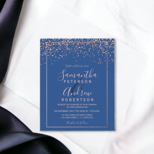 Rose gold confetti blue budget wedding