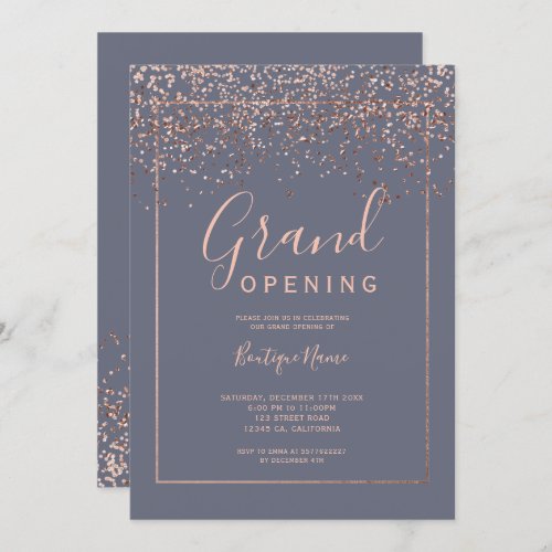 Rose gold confetti blue typography grand opening invitation