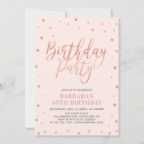 Rose Gold Confetti  Blush  Adult Birthday Party Invitation