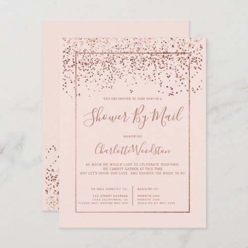 Rose gold confetti blush bridal shower by mail invitation