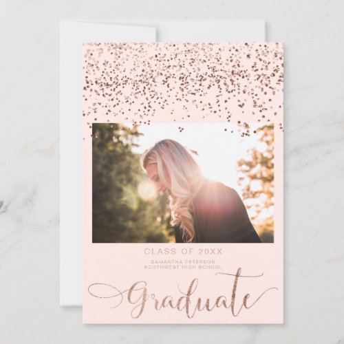 Rose gold confetti blush pink graduation photo announcement