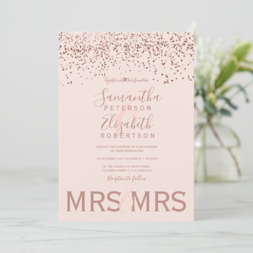 Rose Gold Confetti Blush Pink Lesbian Wedding Invitation Zazzle