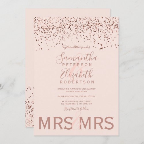 Rose gold confetti blush pink lesbian wedding invitation