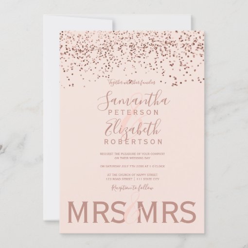 Rose gold confetti blush pink lesbian wedding invitation | Zazzle