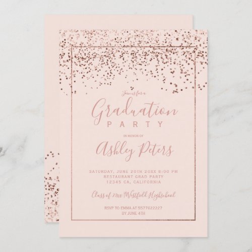 Rose gold confetti blush pink script graduation invitation