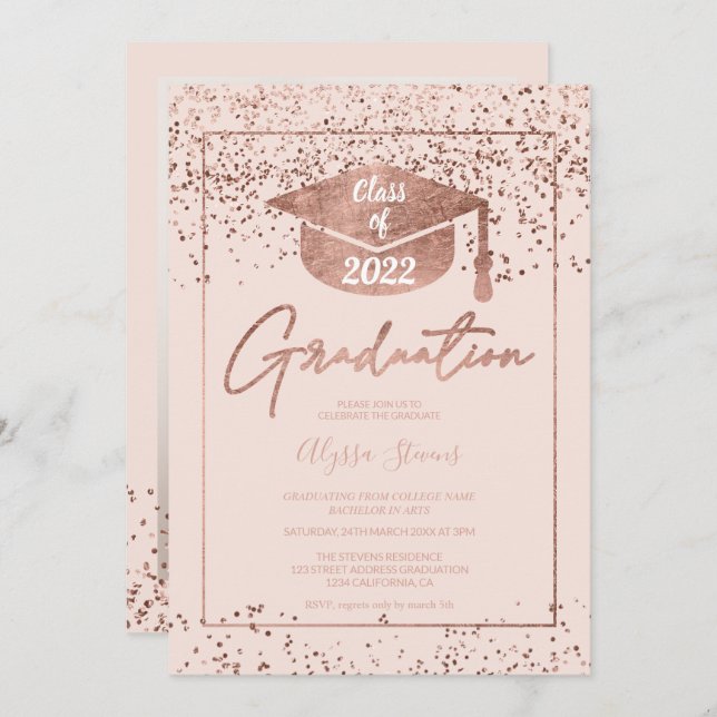 Rose gold confetti blush pink script graduation invitation (Front/Back)
