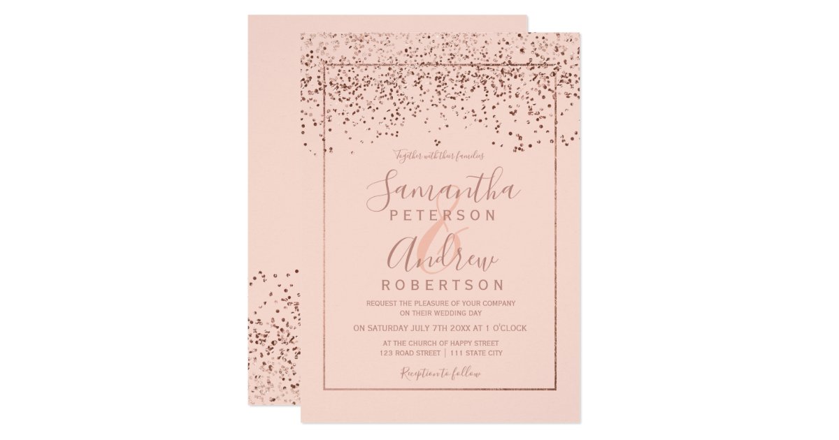 Rose Gold Confetti Blush Pink Typography Wedding Invitation