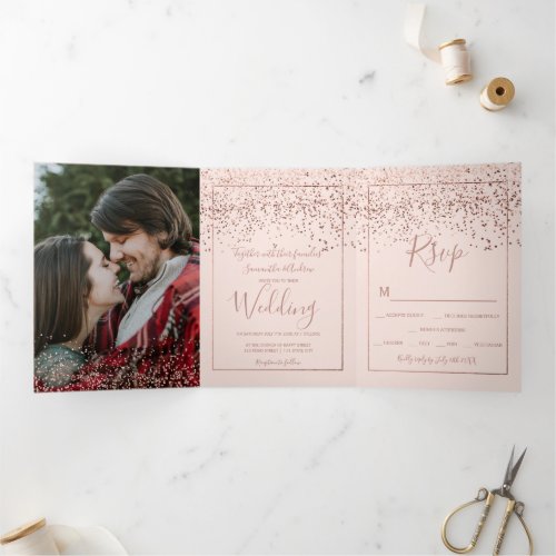 Rose gold confetti blush pink typography wedding Tri_Fold invitation