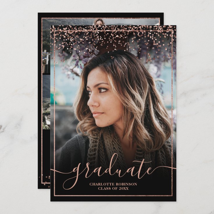 Rose gold confetti border script photo graduation invitation | Zazzle