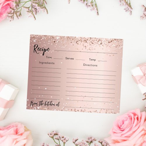 Rose gold confetti Bridal Shower recipe card