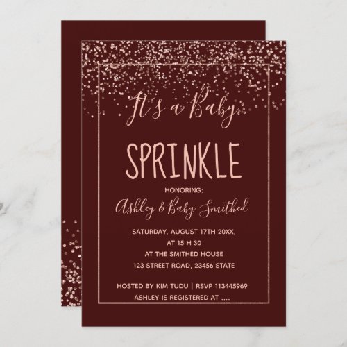 Rose gold confetti burgundy baby sprinkle shower invitation