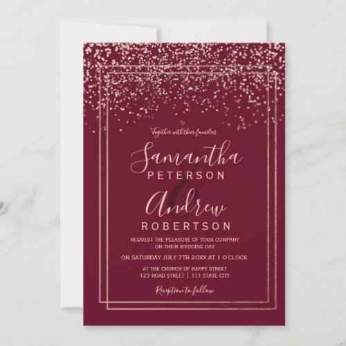Rose gold confetti burgundy border chic wedding invitation