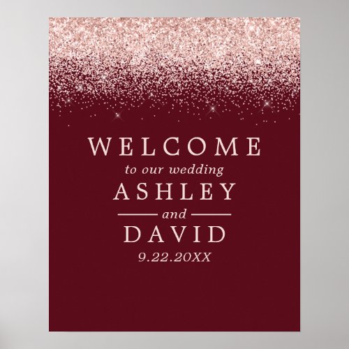 Rose Gold Confetti Burgundy Chic Wedding Welcome Poster