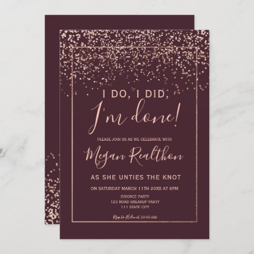 Rose gold confetti burgundy divorce party invitation