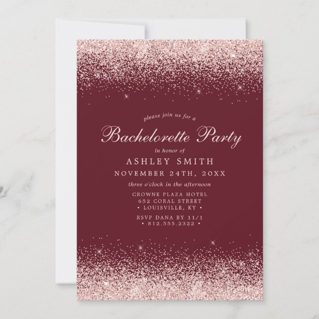 Rose Gold Confetti Burgundy Modern Bachelorette Invitation (Front)