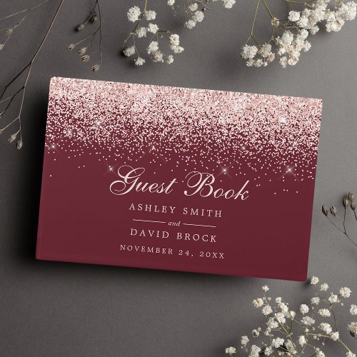 Rose Gold Confetti Burgundy Modern Chic Wedding Guest Book