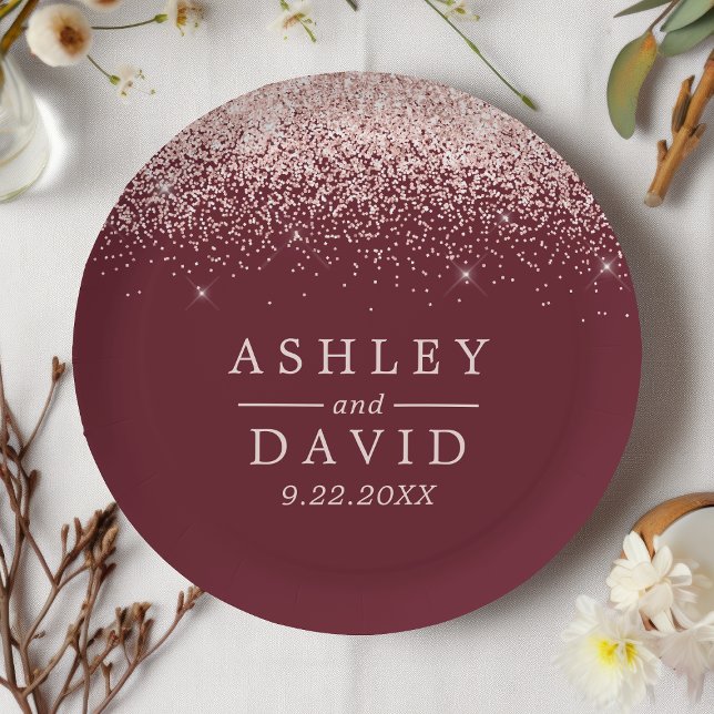 Rose Gold Confetti Burgundy Modern Wedding Paper Plates (Creator Uploaded)