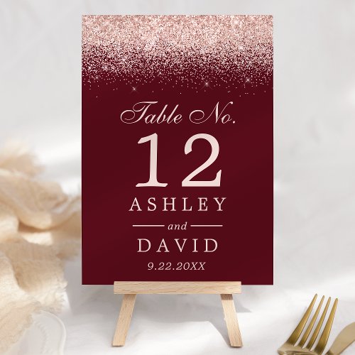 Rose Gold Confetti Burgundy Modern Wedding Table Number