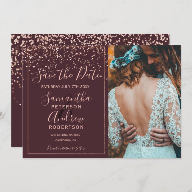 Rose gold confetti burgundy save the date photo (Front/Back)