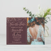 Rose gold confetti burgundy save the date photo (Standing Front)