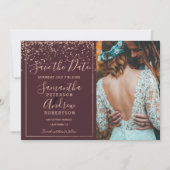 Rose gold confetti burgundy save the date photo (Front)