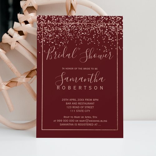 Rose gold confetti burgundy script bridal shower invitation