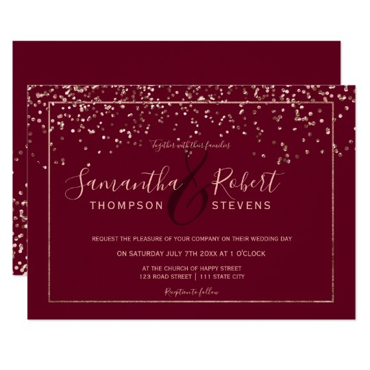 Rose Gold Confetti Burgundy Script Chic Wedding Invitation