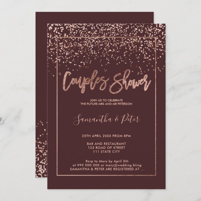 Rose gold confetti burgundy script couples shower invitation (Front/Back)