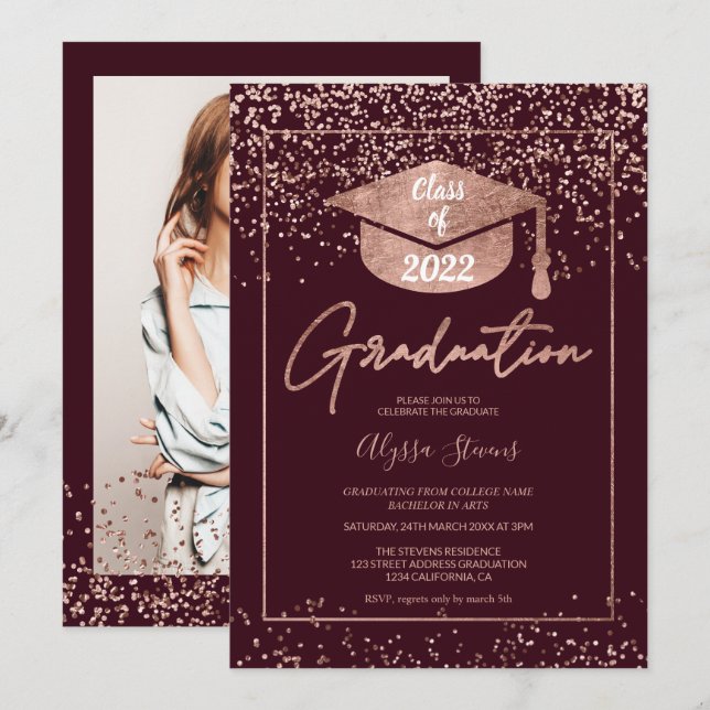 Rose gold confetti burgundy script graduation invitation (Front/Back)