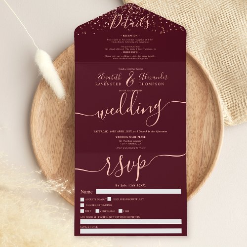 Rose gold confetti burgundy script wedding all in one invitation