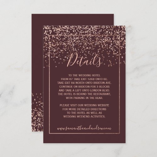 Rose gold confetti burgundy typography details enclosure card