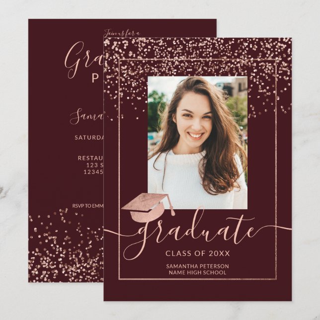 Rose gold confetti burgundy typography graduation invitation (Front/Back)