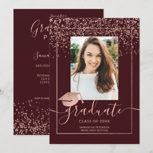 Rose gold confetti burgundy typography graduation invitation