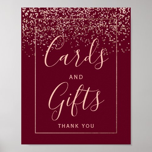 Rose gold confetti burgundy wedding Card gifts Poster