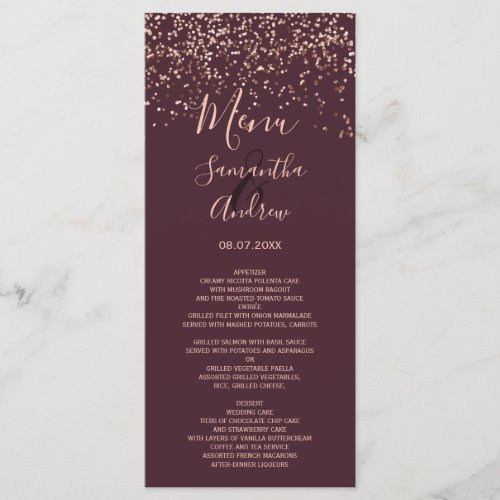 Rose gold confetti burgundy wedding menu