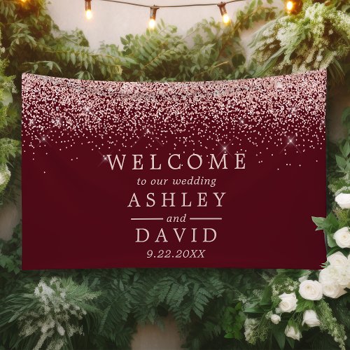 Rose Gold Confetti Burgundy Wedding Welcome Banner