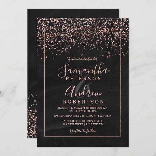 Rose gold confetti chalkboard typography wedding invitation