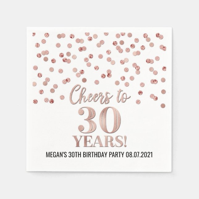 Rose Gold Confetti Cheers to 30 Years Birthday Napkins (Front)