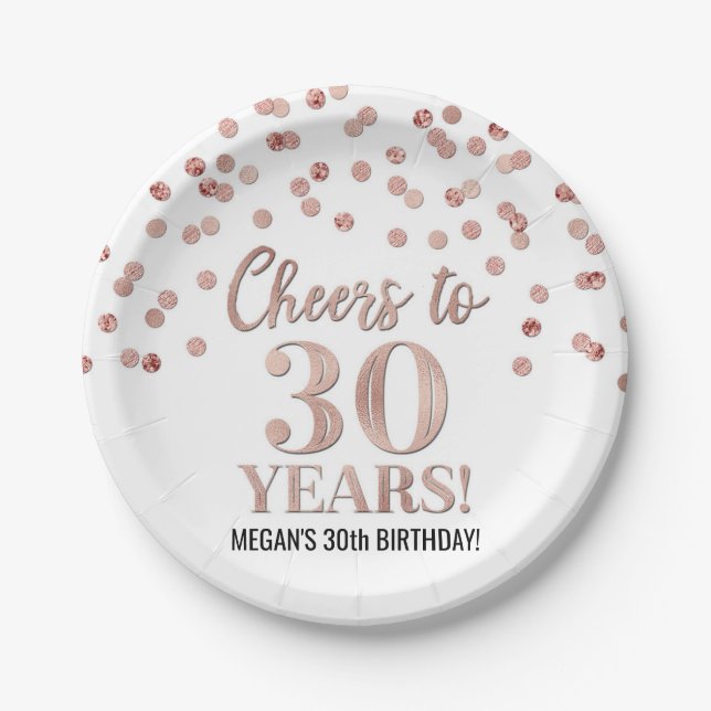 Rose Gold Confetti Cheers to 30 Years Birthday Paper Plates (Front)