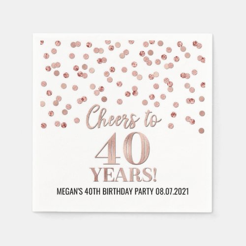 Rose Gold Confetti Cheers to 40 Years Birthday Napkins